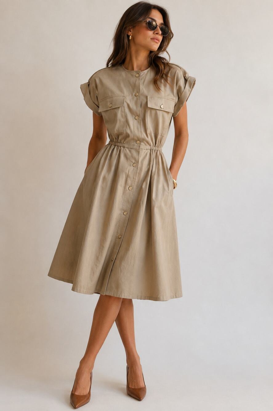 Vtg Khaki Minimalist Girl Scout Safari Midi Dress Womens Size 8 Military Utility